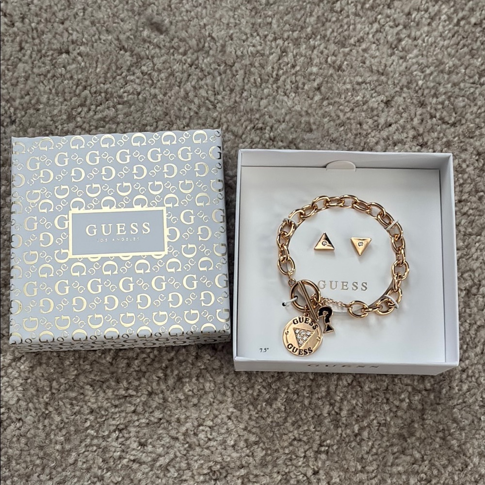 Guess Gold Chain Bracelet and Triangle Earrings